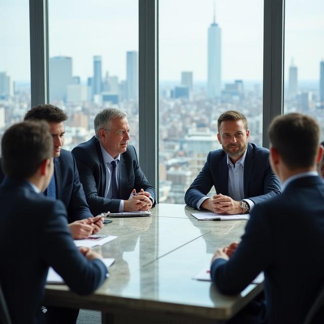 Professional team discussing charitable foundation strategies around a conference table